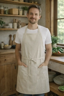 Lněná zástěra s laclem a hranatými kapsami - režný len